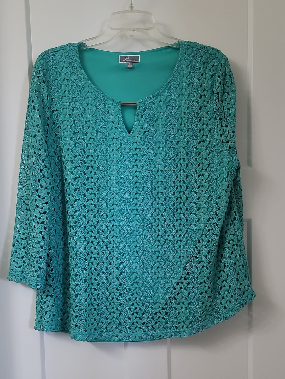JM Collection Teal/blue-green, Crocheted, 3/4 Sheer Sleeve, Lined Top. Size XL